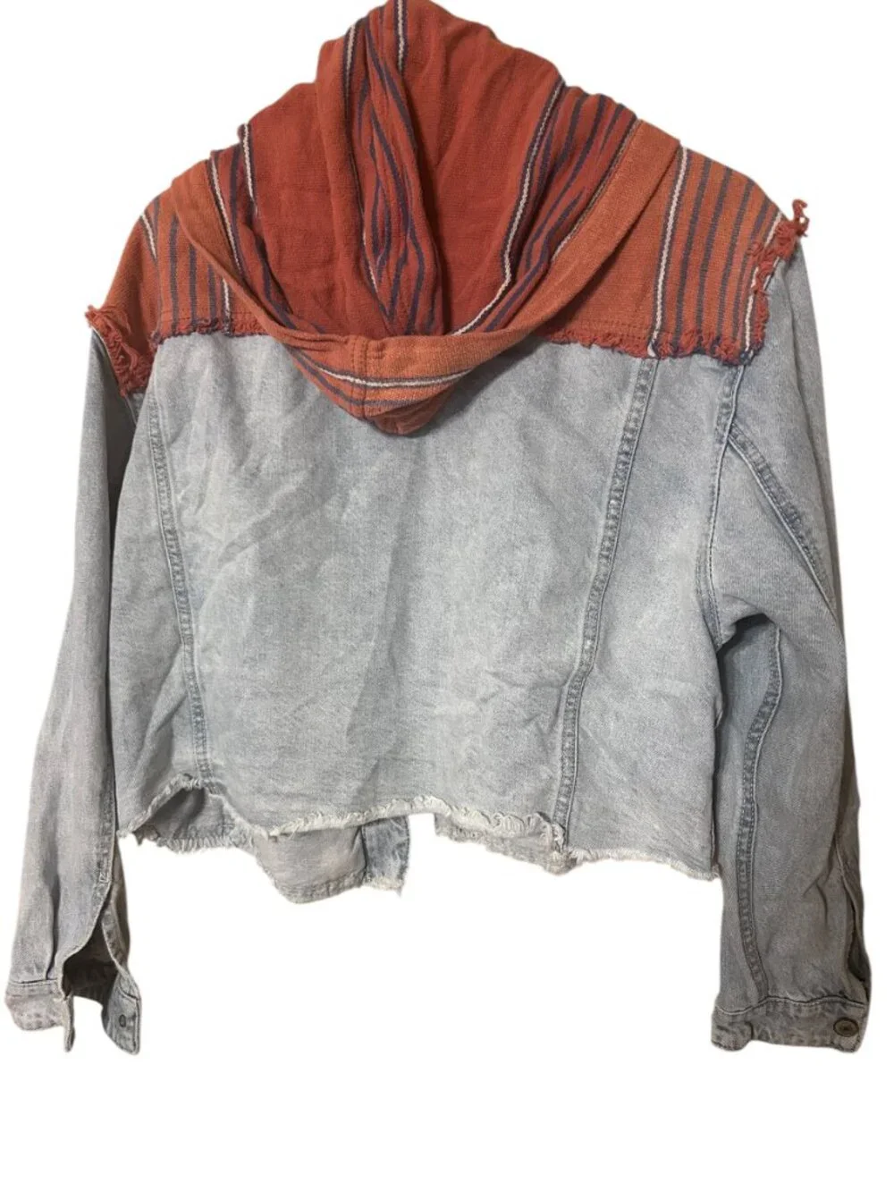 Free People Hooded Denim Jacket Rust Stripe Raw Hem Cropped XS